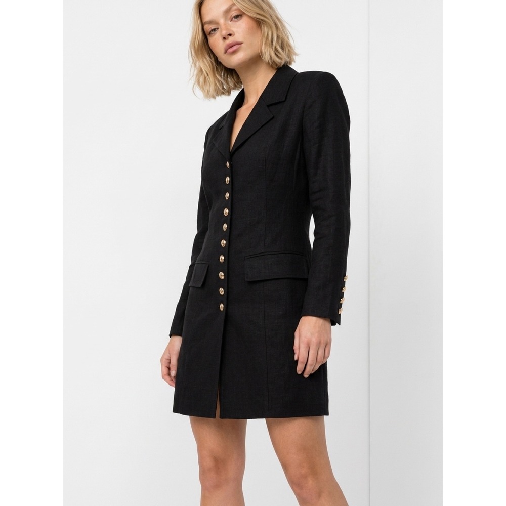 Warehouse Black Linen Blazer Dress Gold Crest Button Longline Mini UK 12 US 8